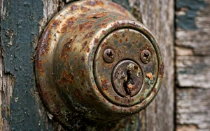 Rusted residential door lock showing home lock replacement signs