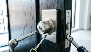Licensed locksmith New York installing a residential deadbolt lock on a front door