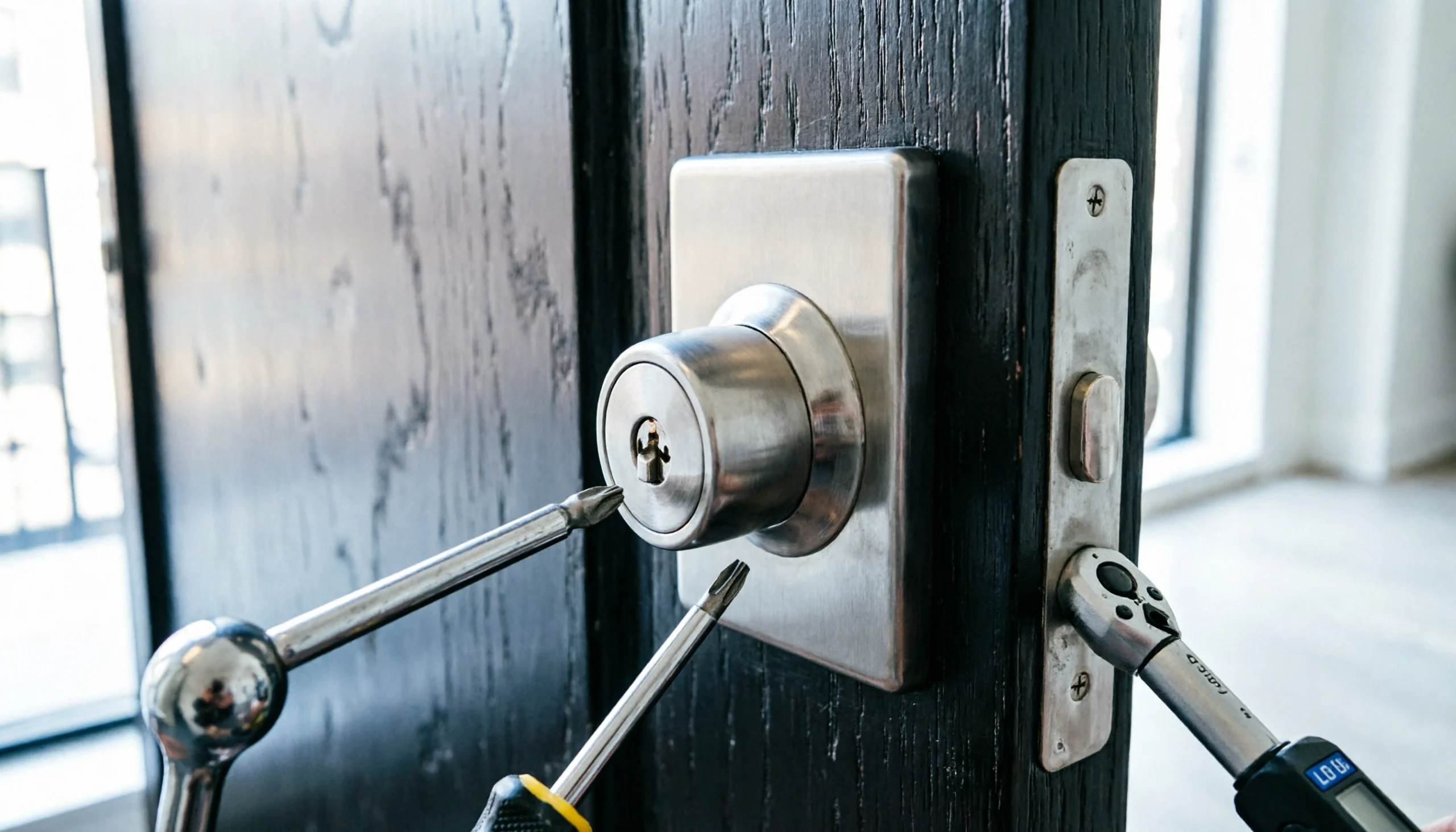 Licensed locksmith New York installing a residential deadbolt lock on a front door