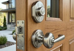 Residential deadbolt lock replacement on a modern home entrance