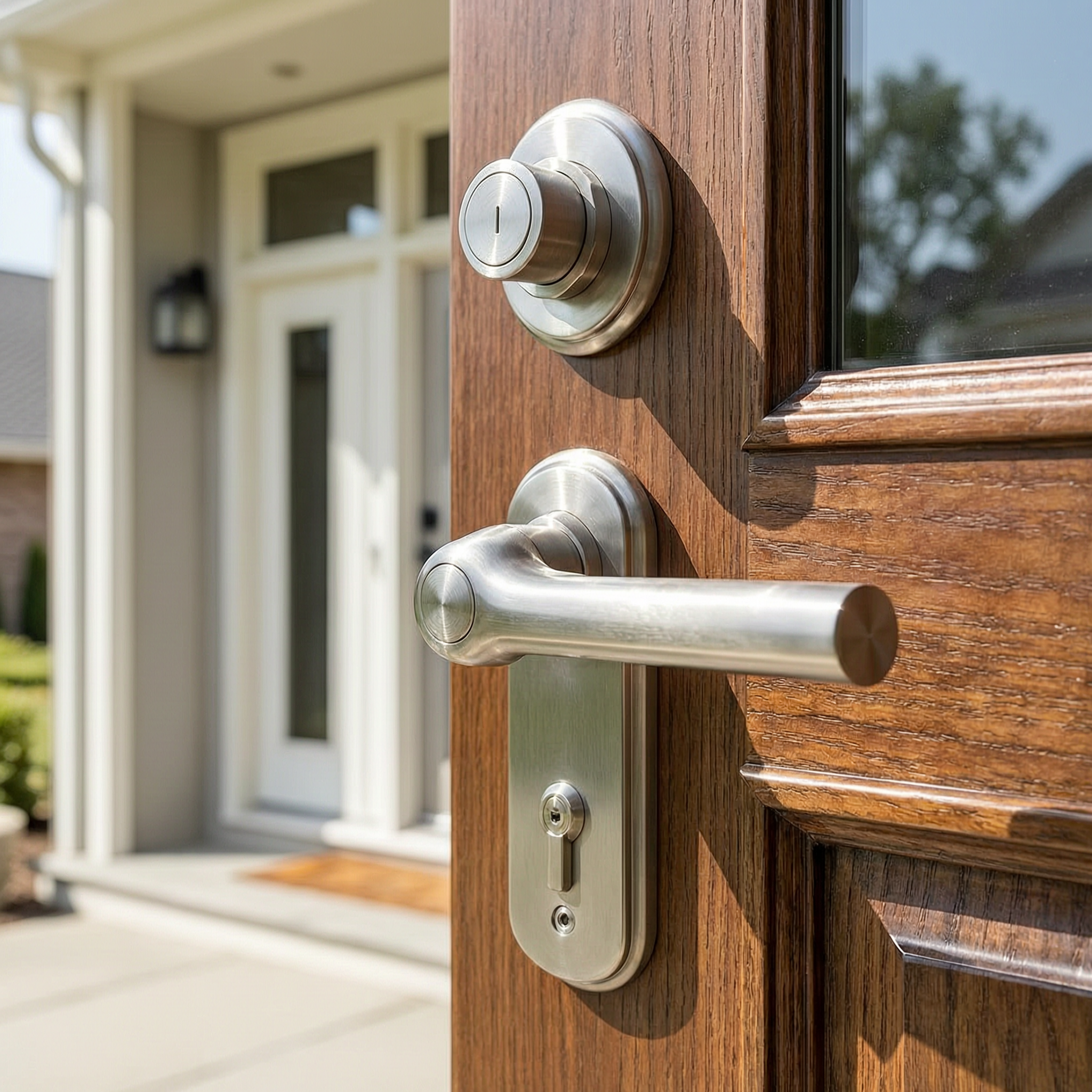 Professional residential locksmith service installing a high security deadbolt on a residential front door in Manhattan