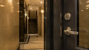 Locksmith Manhattan residential door with modern deadbolt and secure door handle