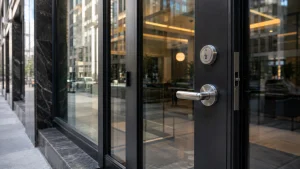 Commercial locksmith Manhattan storefront door with secure deadbolt and commercial door hardware