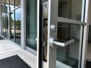 Commercial locksmith in Chelsea inspecting commercial office door lock