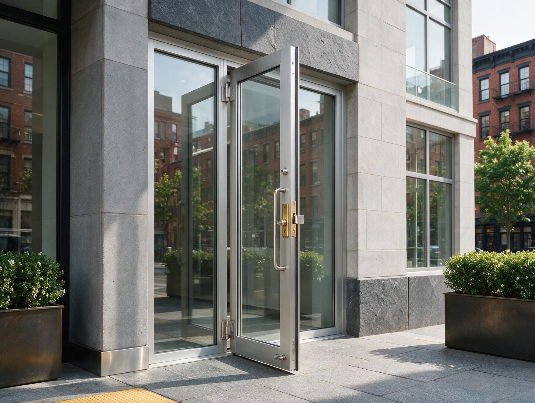 Commercial locksmith in Chelsea securing a modern office entrance with high security locks
