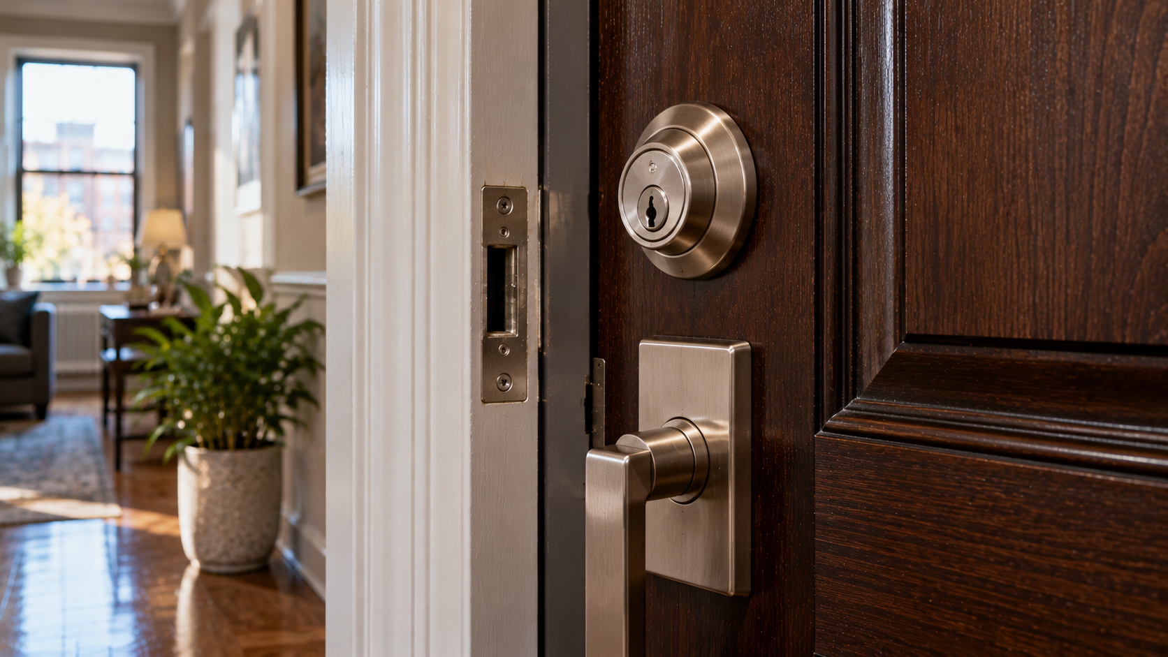 Brushed metal deadbolt hardware on a dark wooden residential door for Harlem home security