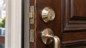 Residential deadbolt installation with aligned door frame and strike plate