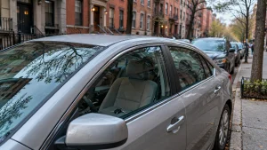Car lockout on a Manhattan street with keys visible inside the vehicle