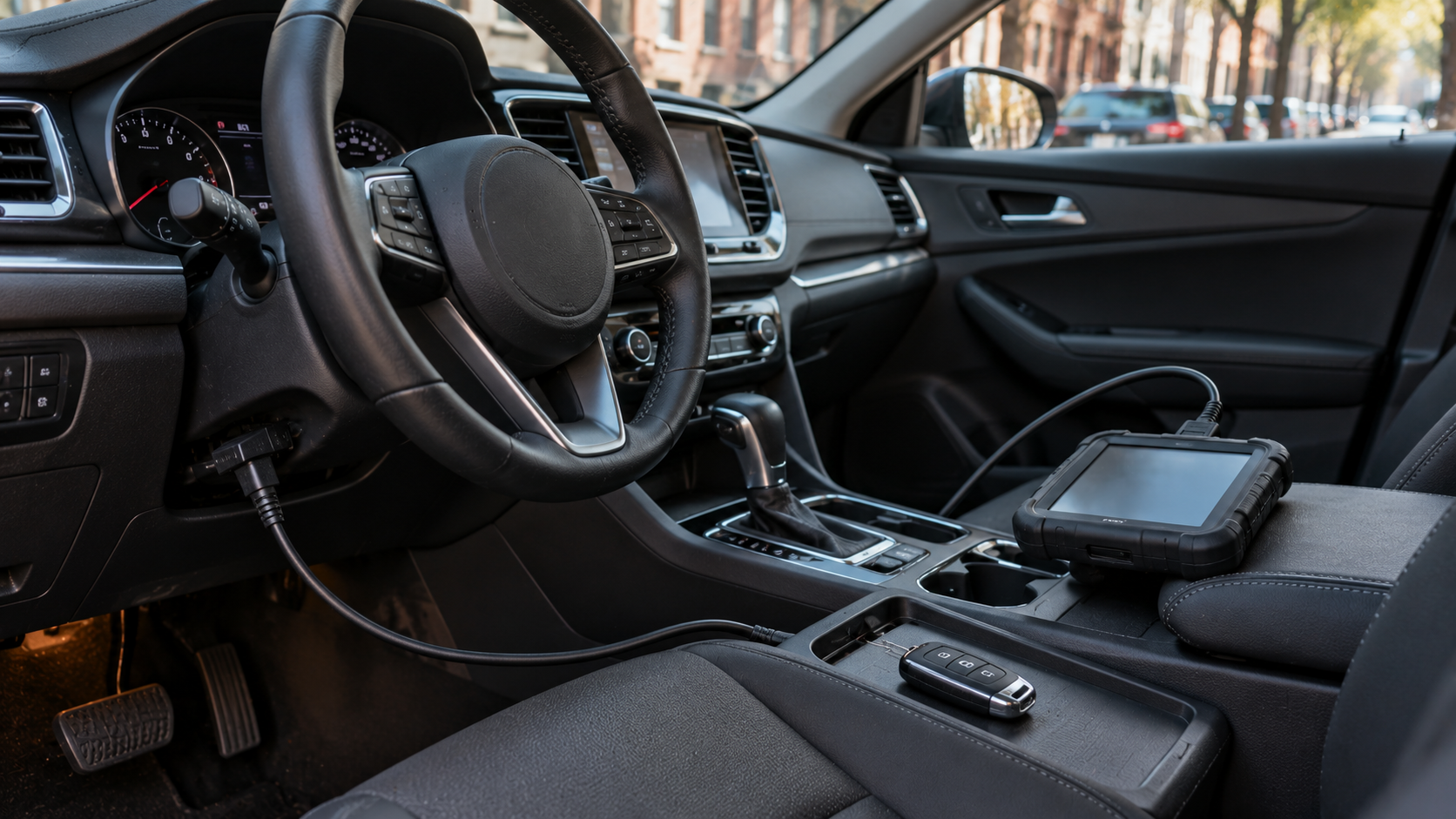 Diagnostic scanner inside a modern car for electronic key and vehicle system checks