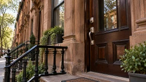 Locksmith Harlem residential entrance with a modern deadbolt on a brownstone apartment door