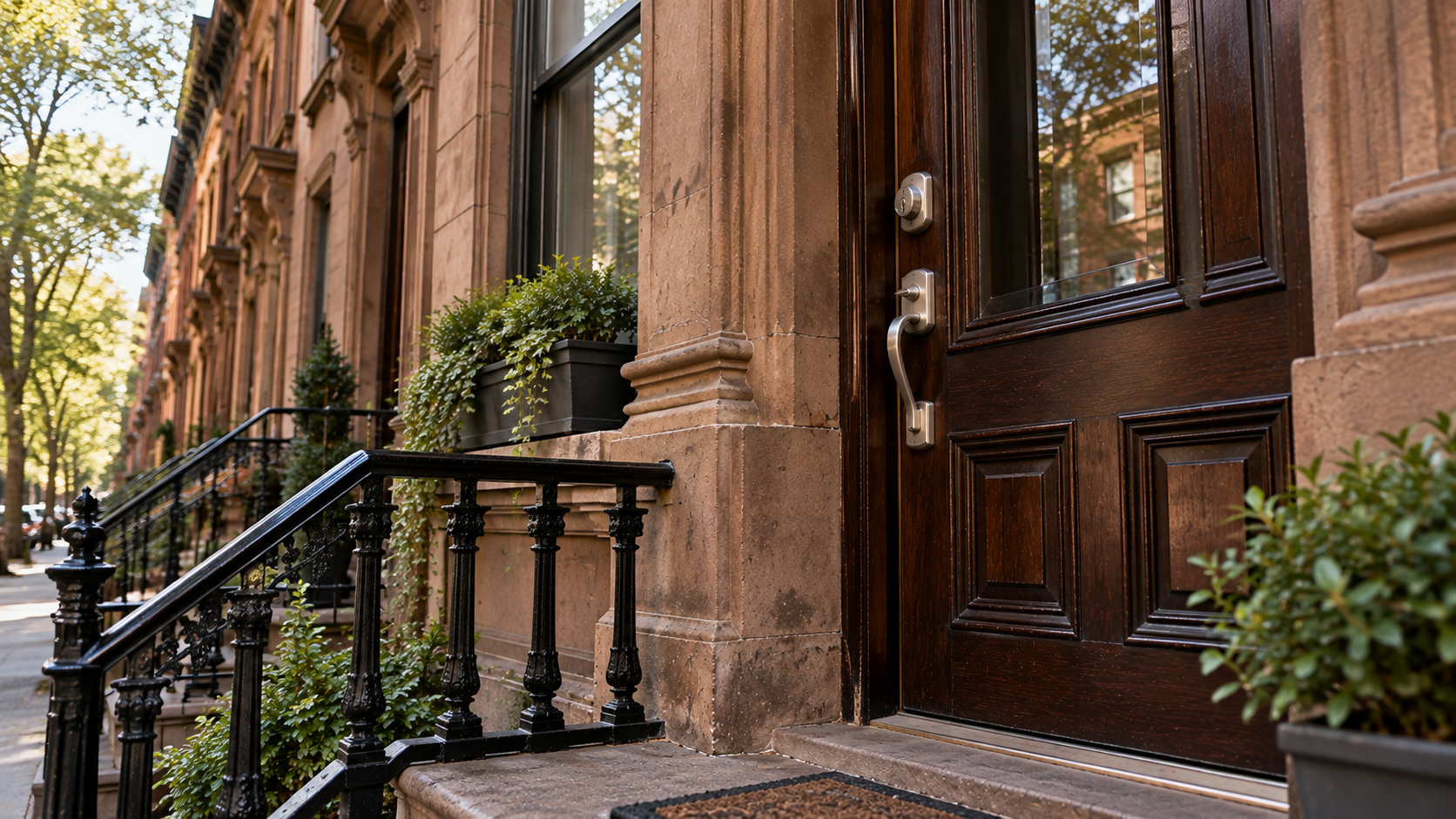 Locksmith Harlem residential entrance with a modern deadbolt on a brownstone apartment door